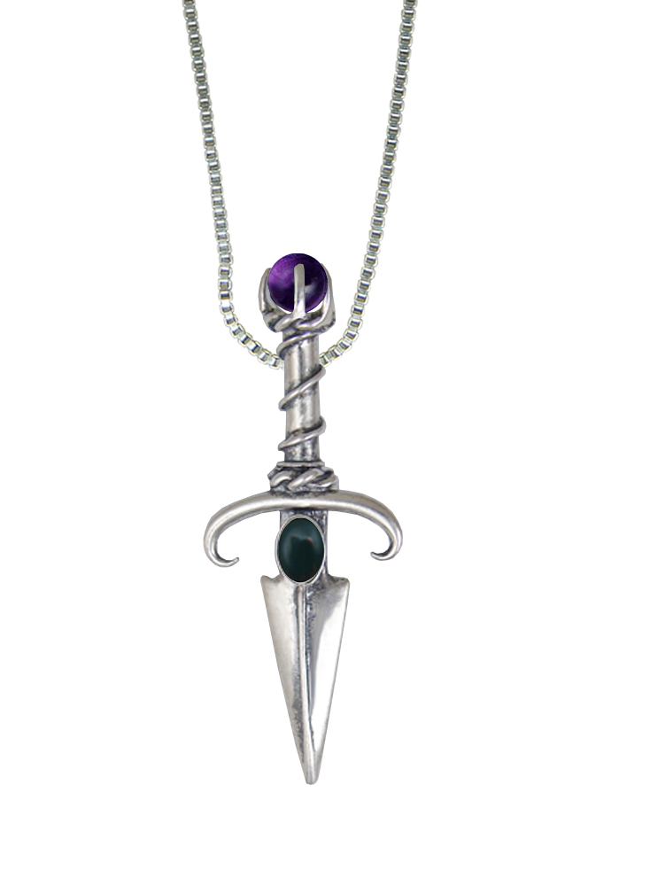 Sterling Silver Black Prince's Knife Dagger Pendant With Bloodstone And Amethyst
